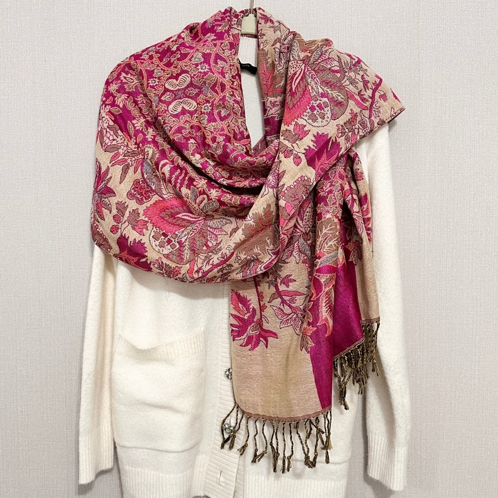 Pashmina Silk Blend Floral Paisley Shawl Wrap Fuchsia Pink Beige Fringe 72x26